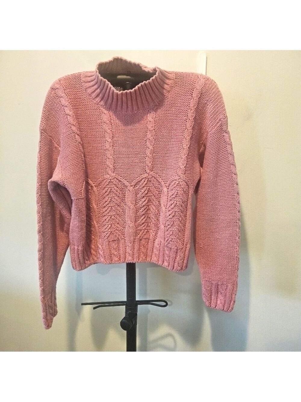 IDIOMS VINTAGE 80s WOMEN'S PINK CHUNKY CABLE KNIT TURTLENECK SWEATER SIZE MEDIUM - Picture 3 of 9